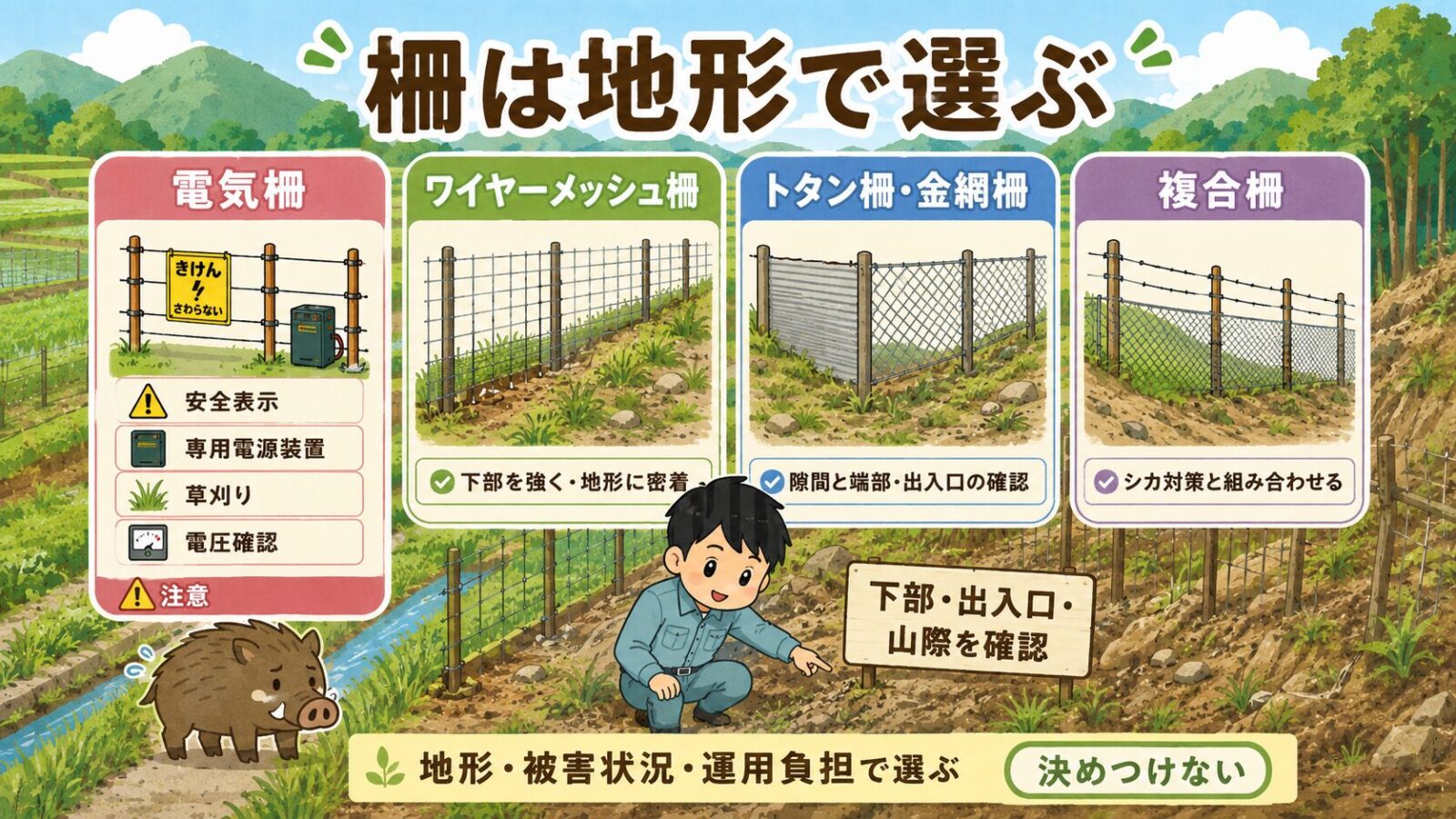 イノシシ対策の電気柵、ワイヤーメッシュ柵、トタン柵、複合柵の選び方と、下部や出入口、山際確認を整理した図解