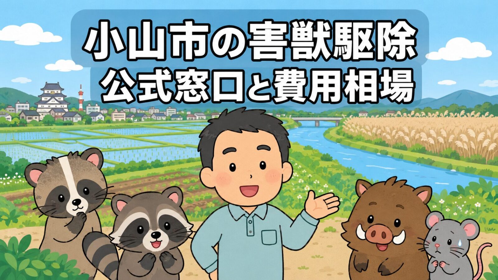 小山市の害獣駆除ガイドのメインアイキャッチ。栃木県小山市の平坦な田園と思川・渡良瀬遊水地を背景に、守谷タクミがハクビシン・アライグマ・イノシシ・ネズミのキュートなキャラクターとともに公式窓口と費用相場を案内するいらすとや風イラスト。