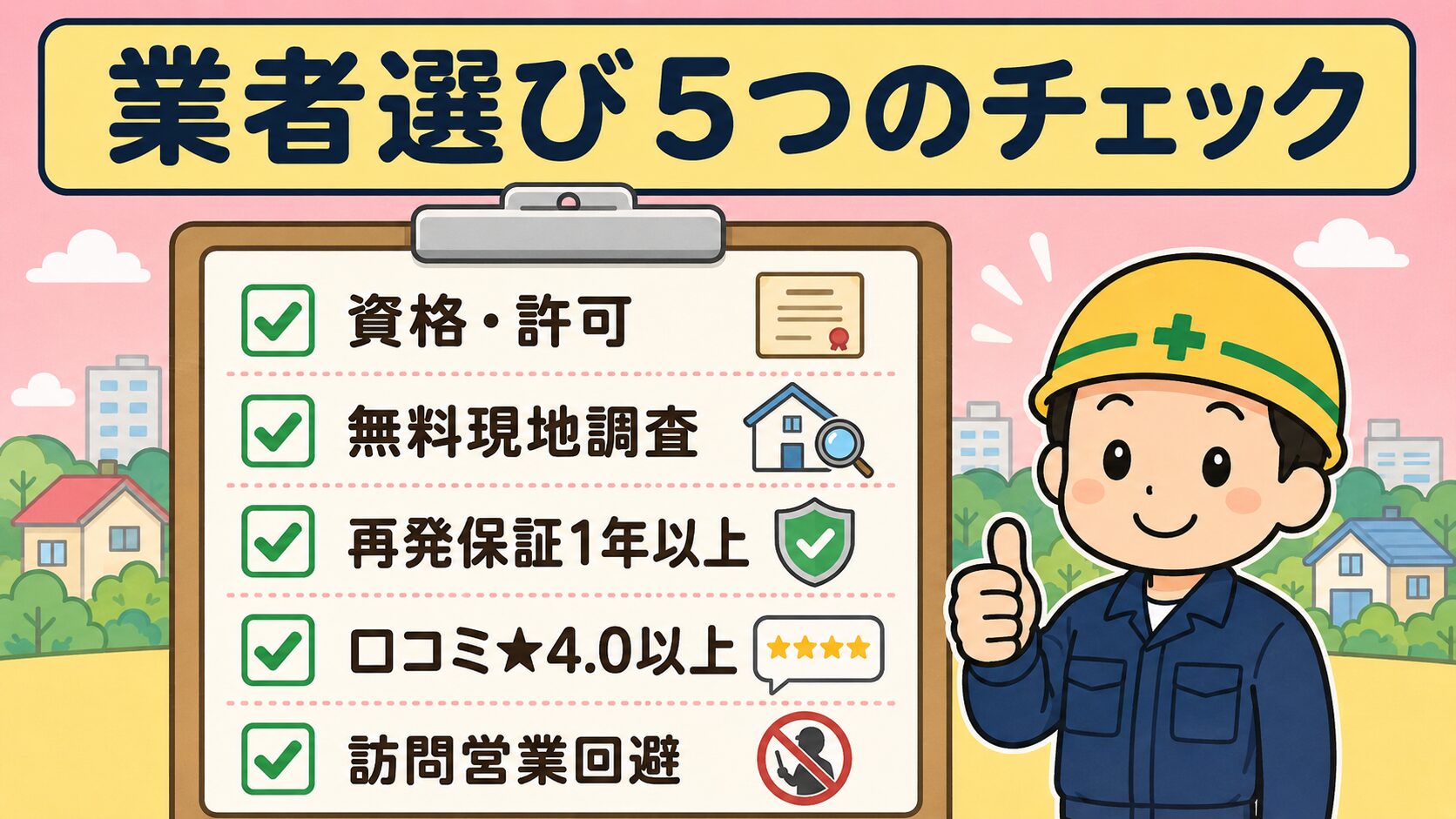 失敗しない業者選び5つのチェックポイント(資格・無料見積もり・再発保証・口コミ実績・訪問営業回避)をクリップボードに記載し、守谷タクミ風の作業着男性が親指を立てるポーズで「相模原市の害獣駆除なら安心」と訴求するいらすとや風インフォグラフィック。
