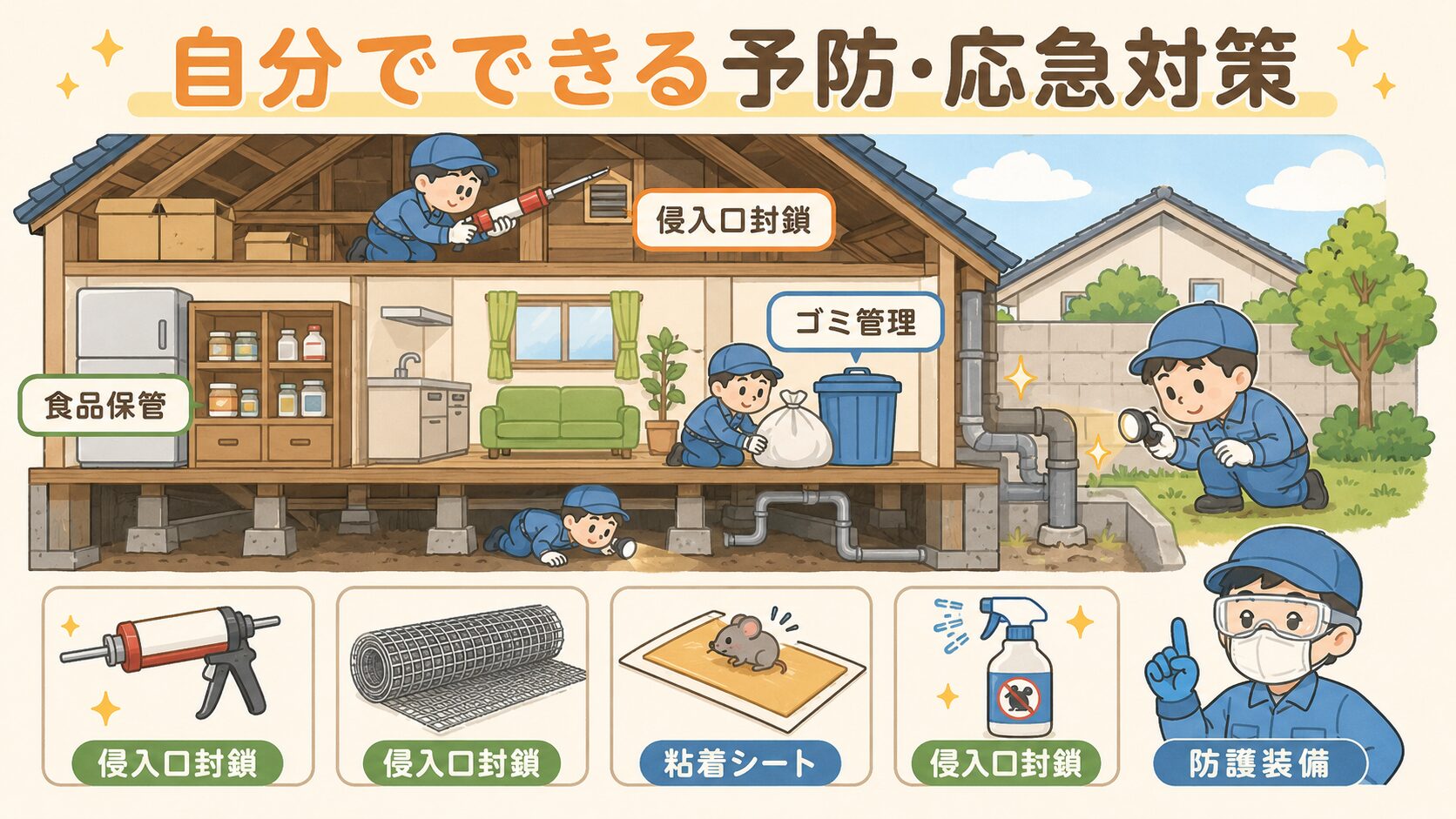 自分でできる予防・応急対策のインフォグラフィック。住宅断面図で侵入口封鎖・食品保管・ゴミ管理を行う作業着キャラクターを描き、下部に侵入口封鎖(パテガン・ステンレスメッシュ)・粘着シート・忌避剤・防護装備の5アイコンを配置。