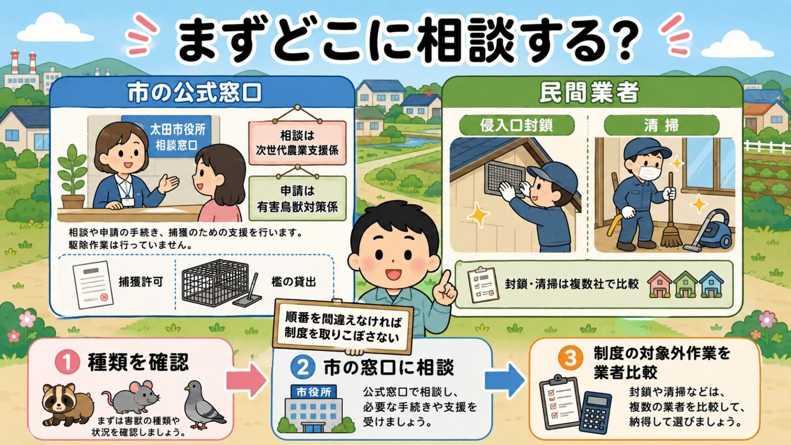 太田市の害獣相談はまずどこに相談するかを示す図。市の公式窓口(相談は次世代農業支援係・申請は有害鳥獣対策係・捕獲許可と檻の貸出)と民間業者(侵入口封鎖・清掃)の役割分担と、種類を確認→市の窓口に相談→制度の対象外作業を業者比較の3ステップを守谷タクミが案内するいらすとや風イラスト。