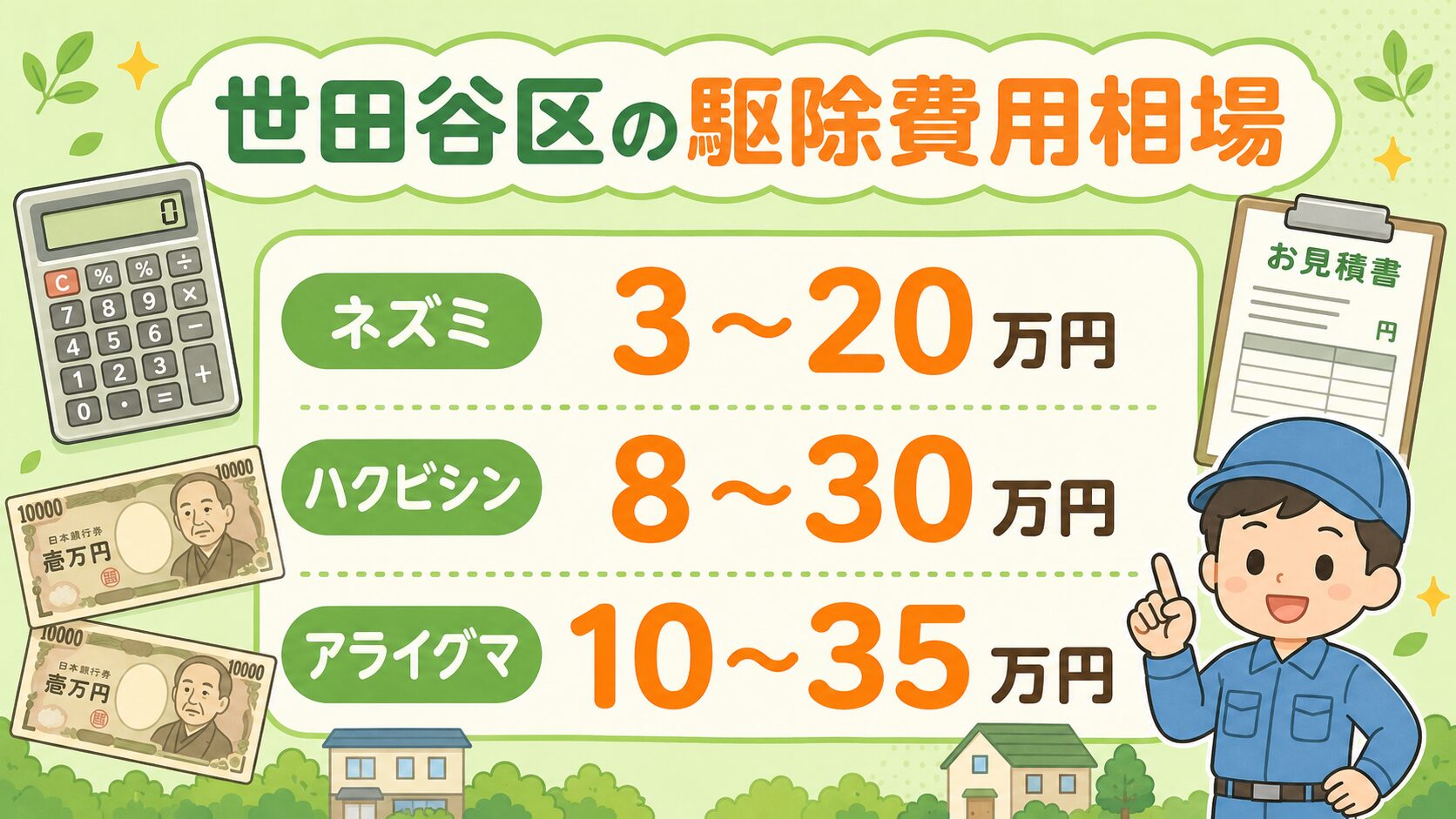 世田谷区の駆除費用相場をカード形式で表示。ネズミ3〜20万円、ハクビシン8〜30万円、アライグマ10〜35万円の3種類を電卓・1万円札・お見積書アイコンとともに視覚化。作業着男性キャラクターが指差しで案内するフラットデザイン。