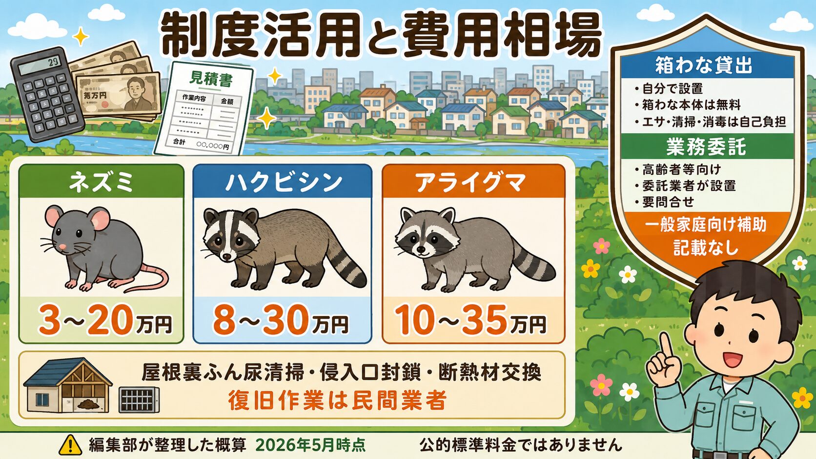 高崎市で害獣被害対策にかかる費用参考例を視覚化。<br><br>ネズミ駆除・ハクビシン駆除・アライグマ駆除・屋根裏清掃や侵入口封鎖の4カテゴリを電卓・札・見積書アイコンとともに表示。<br><br>右上に「まちなか箱わな貸出(自分で設置・無料貸出・エサ自己負担)/まちなか業務委託(高齢者等向け・委託業者設置)/市公式に一般家庭向け補助金の記載なし/屋根裏清掃・侵入口封鎖は民間業者」のシールド型アイコン。<br><br>下部に「2026年5月時点の民間業者公開料金・見積もり事例を編集部が整理した概算/高崎市・群馬県・国民生活センターなどの公的機関が示す標準料金ではありません」の注記。