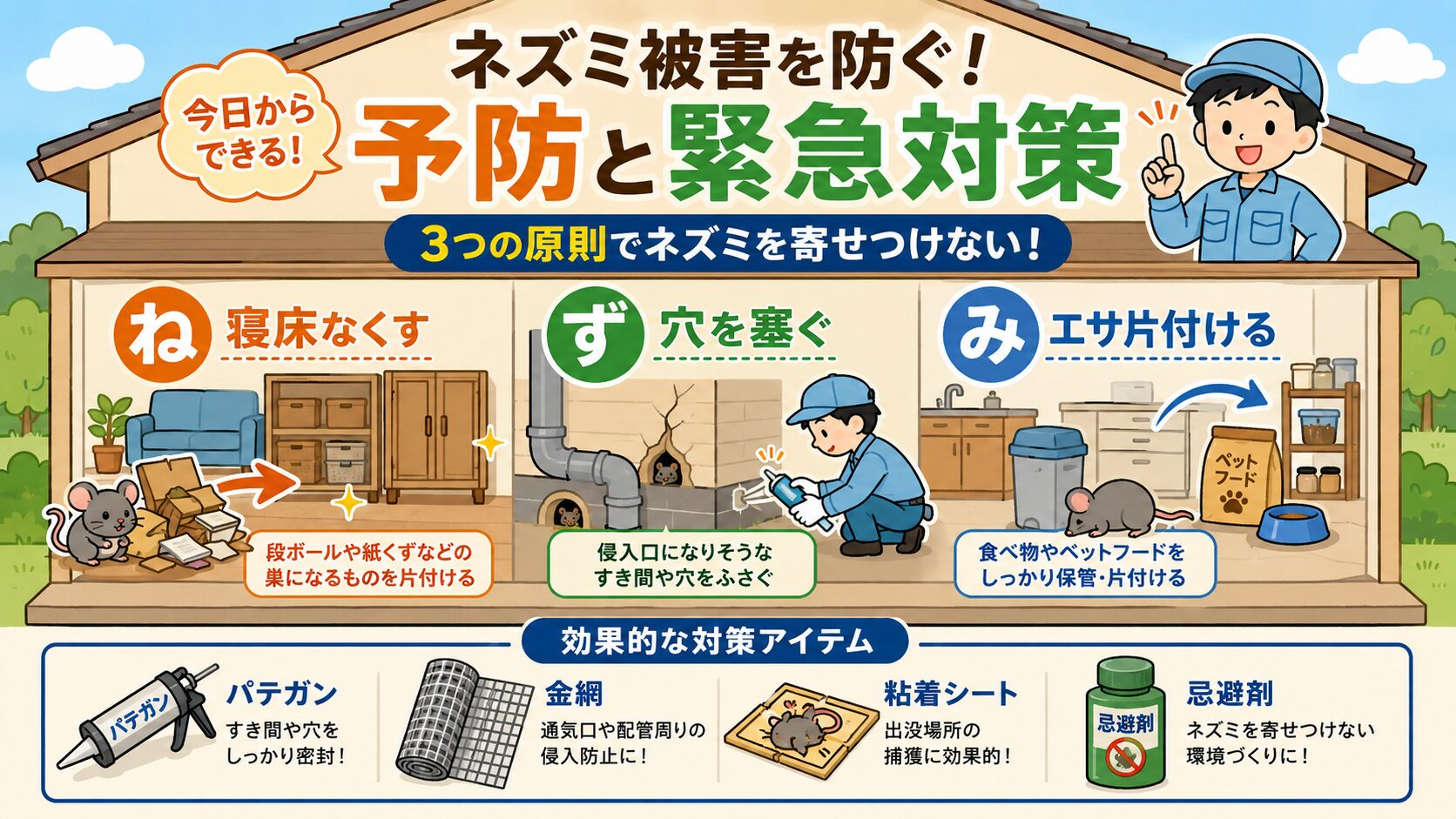 ネズミ被害を防ぐ予防と緊急対策。足立区公式の3原則「ね(寝床なくす)」「ず(穴を塞ぐ)」「み(エサ片付ける)」を住宅断面図とともに表現。パテガン・金網・粘着シート・忌避剤の4アイコンを下部に配置したインフォグラフィック。