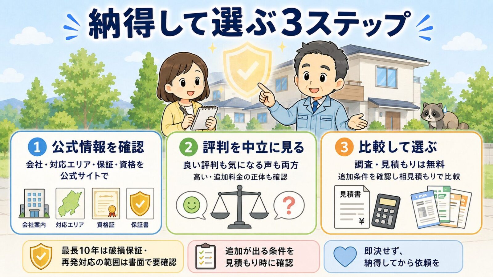 ペスコンProのまとめ図。納得して選ぶ3ステップとして、公式情報を確認・評判を中立に見る・比較して選ぶの3つと、最長10年は破損保証で再発対応は書面要確認・追加が出る条件を見積もり時に確認・即決せず納得してから依頼をという注意を守谷タクミと家主が示すいらすとや風イラスト。