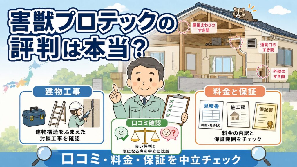 害獣プロテックの評判は本当かを解説するメイン画像。一軒家を背景に作業着姿の守谷タクミが、建物工事・口コミ確認・料金と保証の3つを中立にチェックする様子を示すいらすとや風イラスト。屋根まわり・通気口・外壁のすき間と、屋根にのぞくキュートな害獣も添えている。