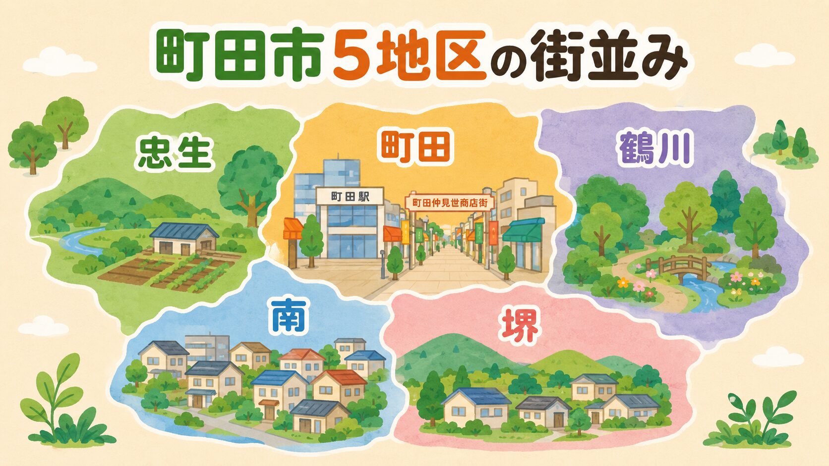 町田市5地区(忠生・町田・鶴川・南・堺)の街並み特性を地図イラストで表現。町田駅前商店街・農地・住宅地・多摩丘陵などの代表アイコンを配置し、害獣の侵入経路となりやすい街並みの違いを視覚化したインフォグラフィック。