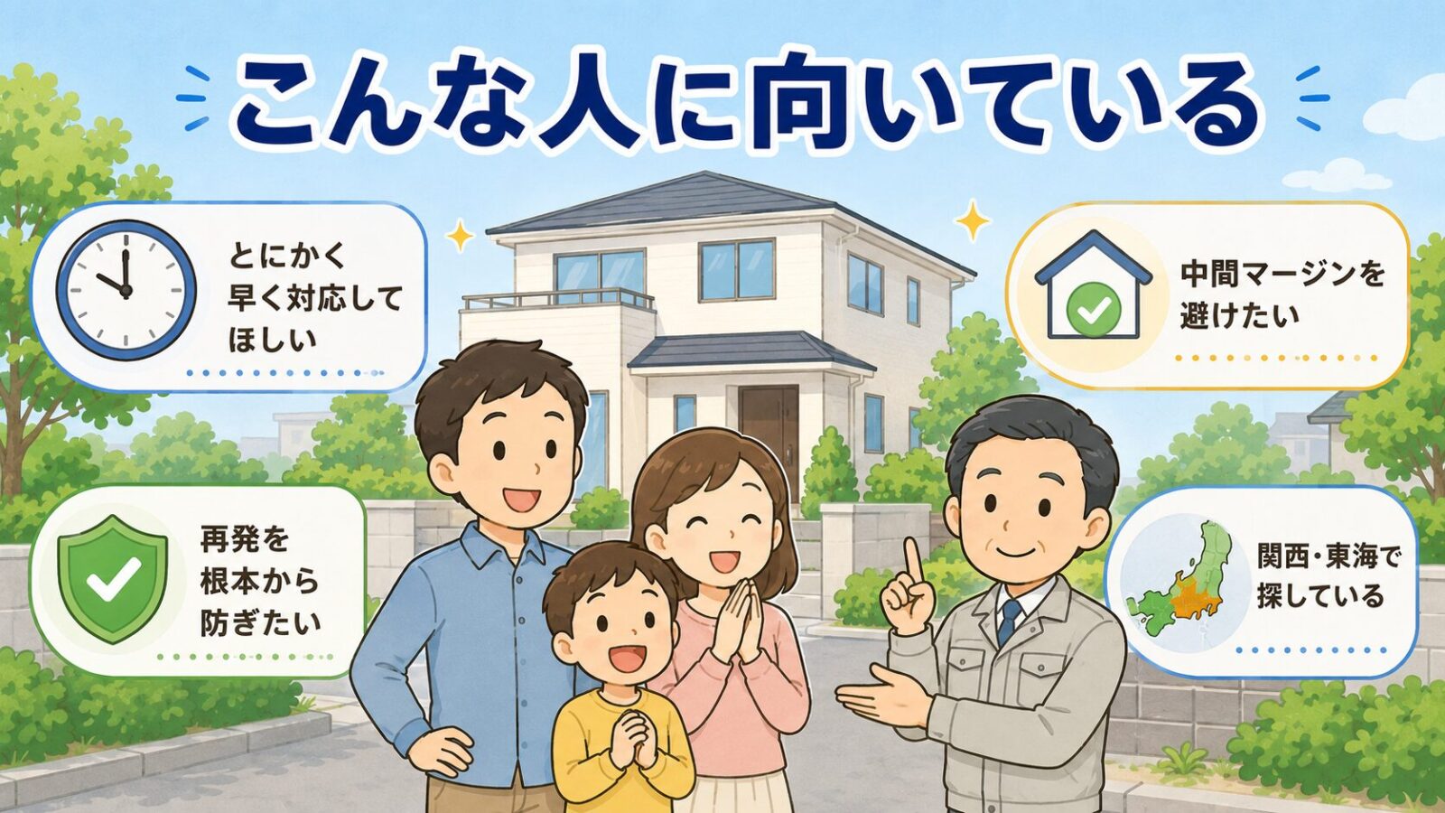 害獣プロガードが向いている人を示す図。被害が解決した家の前で笑顔の家族と守谷タクミが、とにかく早く対応してほしい・再発を根本から防ぎたい・中間マージンを避けたい・関西や東海で探している人に向くという例を示すいらすとや風イラスト。