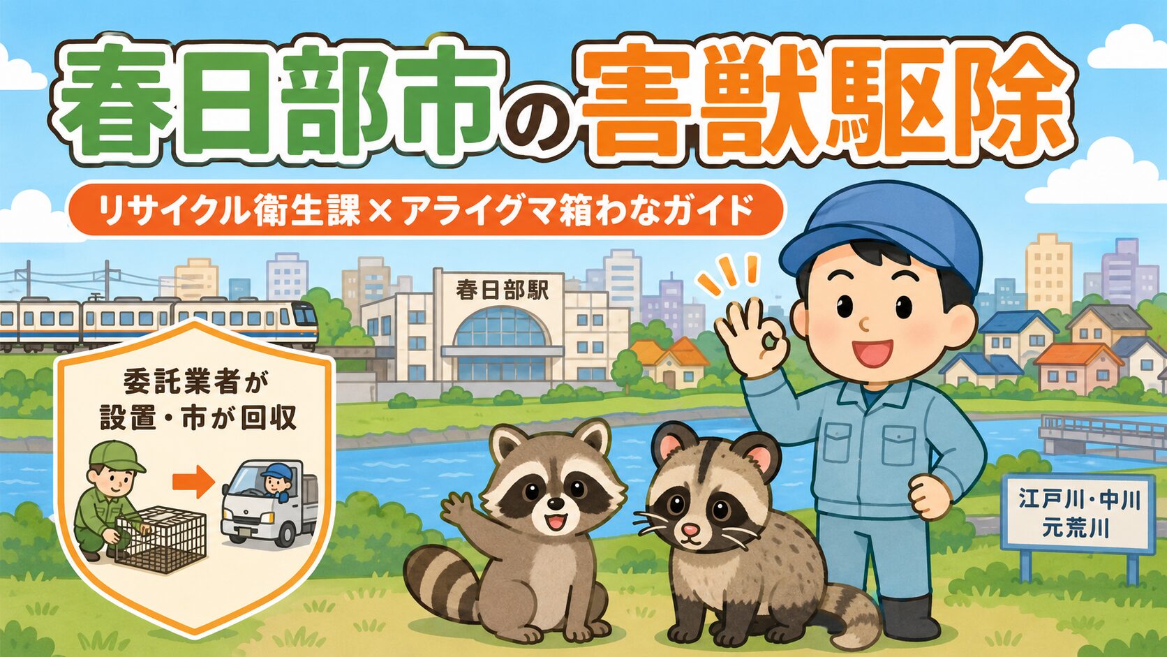 春日部市の害獣駆除を表現したメインアイキャッチ。江戸川・東武線・春日部駅周辺の街並みを背景に、作業着姿の守谷タクミ風キャラクターがOKサインを出し、手前にアライグマとハクビシン、中央に「リサイクル衛生課×アライグマ箱わなガイド」のテキスト。