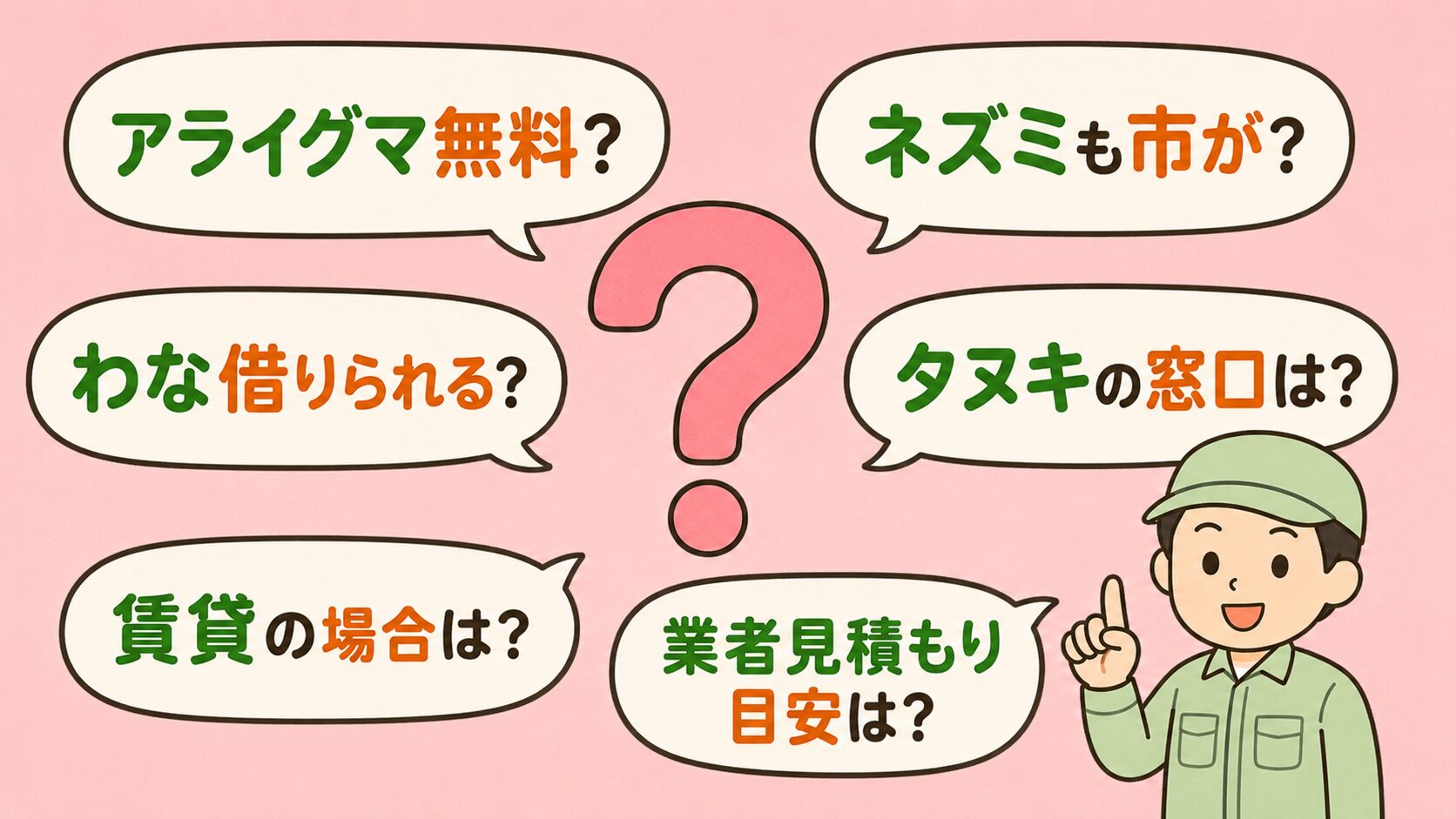 町田市の害獣駆除でよくある質問6つを吹き出し形式で表示。アライグマ無料?ネズミも市が?わな借りられる?タヌキの窓口は?賃貸の場合は?業者見積もり目安は?を中央のクエスチョンマークの周囲に配置。パステルピンク背景。