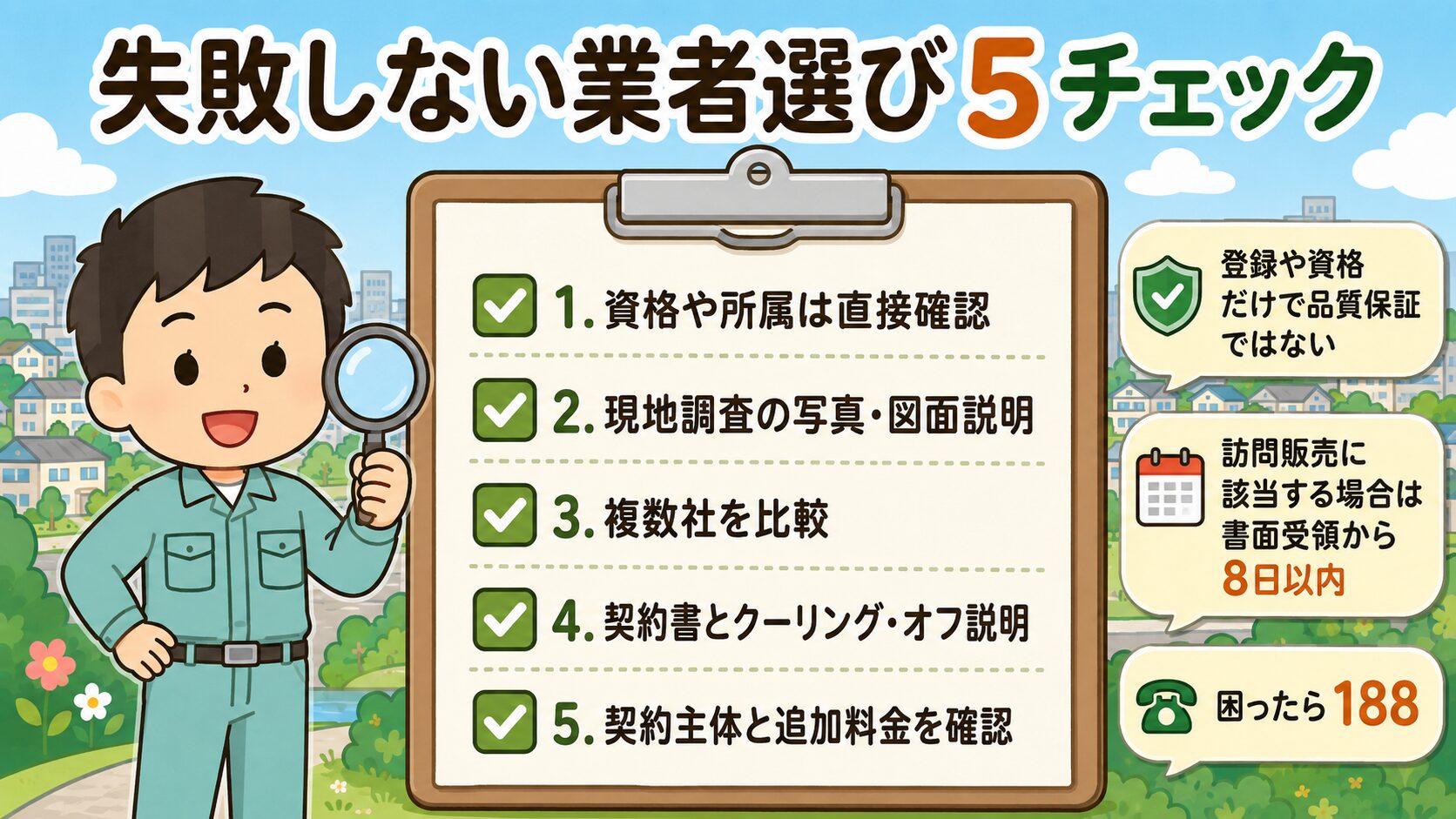 高崎市での失敗しない業者選び5チェック(判断材料の一つ)。<br><br>業界団体所属・資格者の有無を直接確認・現地調査(写真・図面で説明)・複数社の見積もり比較・書面契約とクーリング・オフ説明・契約主体の明確化(事業者の正式名称・所在地・代表者名・電話番号・担当者名・作業内容・総額・追加料金の条件)の5項目をクリップボード形式で表現。<br><br>緑のチェックマーク付きで虫眼鏡を持つ作業着男性キャラクターと併記。