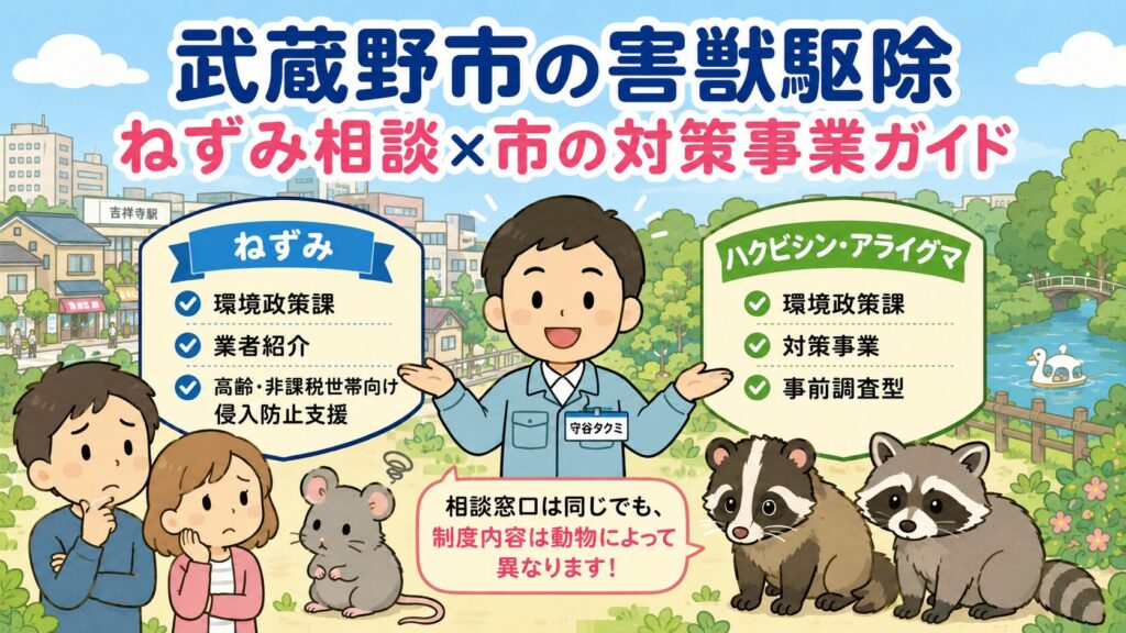 武蔵野市の害獣駆除を解説するアイキャッチ画像。武蔵野市の密集した住宅街と吉祥寺駅周辺・井の頭公園を連想させる緑地を背景に、守谷タクミ（作業着姿のチビキャラ・点目）が「同じ窓口・動物別に違う制度」を整理しているフロー図。ねずみ＝環境政策課＋業者紹介＋高齢・非課税世帯向け侵入防止支援事業／ハクビシン・アライグマ＝環境政策課＋対策事業（事前調査型）のシールド型アイコンを大きく配置し、「武蔵野市の害獣駆除：ねずみ相談×市の対策事業ガイド」のテキストを配置。