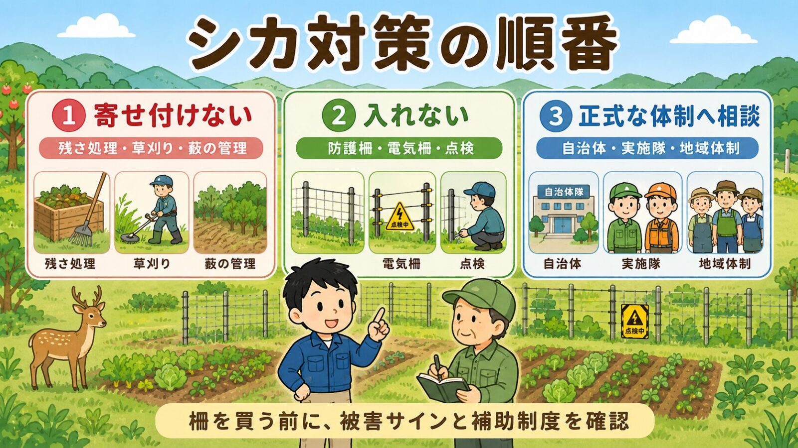 シカの農作物被害対策は、寄せ付けない、入れない、正式な捕獲体制に相談する順番で進めることをまとめた図解