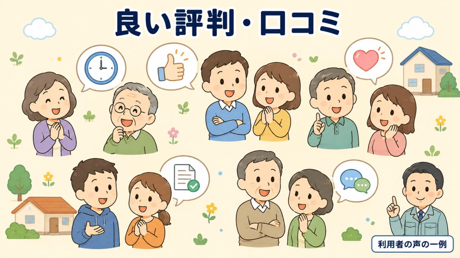 害獣プロテックの良い評判・口コミを集めた図。複数の家主が吹き出しで対応の早さを表す時計、アフターサポートを表すハート、グッドサインや星マークを掲げて満足する様子を、利用者の声の一例として中立に示すいらすとや風イラスト。