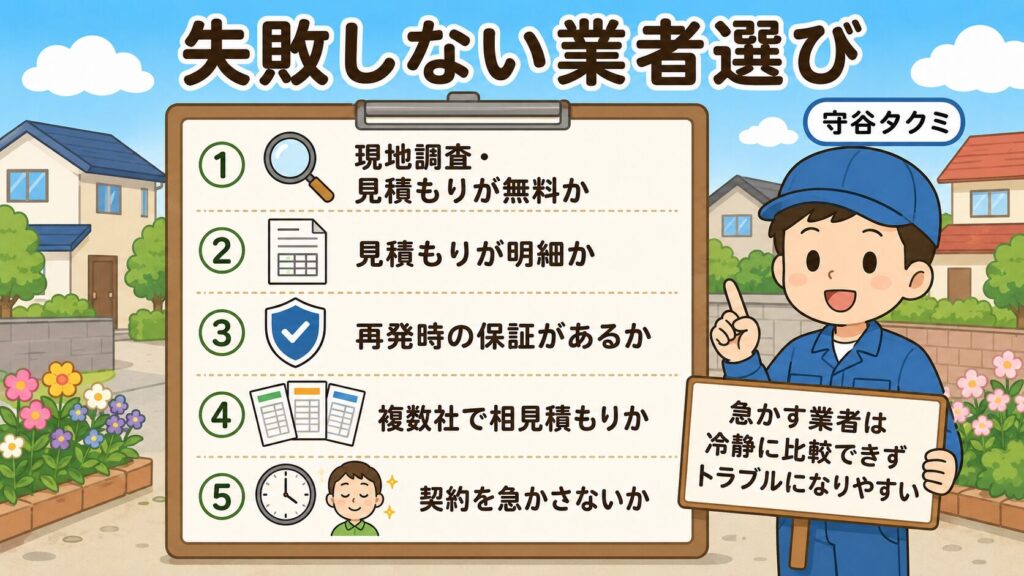 太田市の害獣駆除で失敗しない業者選び5つのチェックポイントを示す図。現地調査見積もり無料・見積もりが明細・再発時の保証・複数社で相見積もり・契約を急かさないの5項目をチェックリストで並べ、急かす業者は冷静に比較できずトラブルになりやすいと守谷タクミが添えるいらすとや風イラスト。