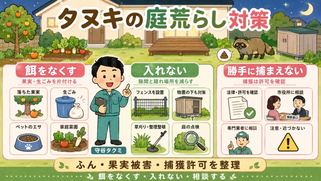 タヌキの庭荒らし対策。餌をなくす、入れない、勝手に捕まえないという3つの基本を整理したアイキャッチ画像