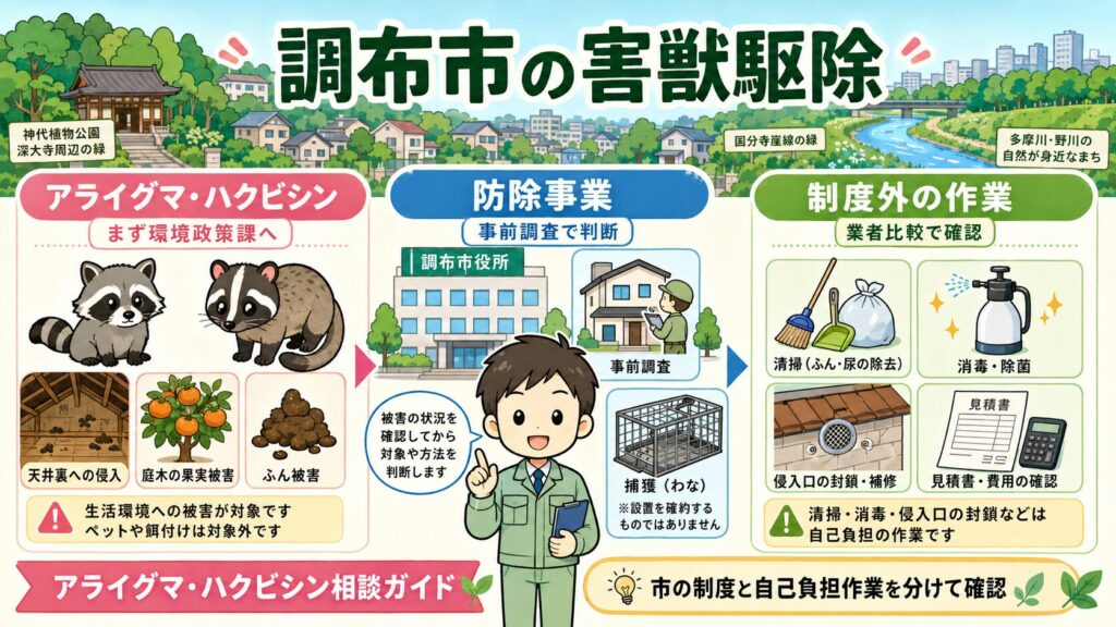 調布市の害獣駆除。アライグマ・ハクビシン相談と防除事業、市の制度と自己負担作業の違いを整理したアイキャッチ画像
