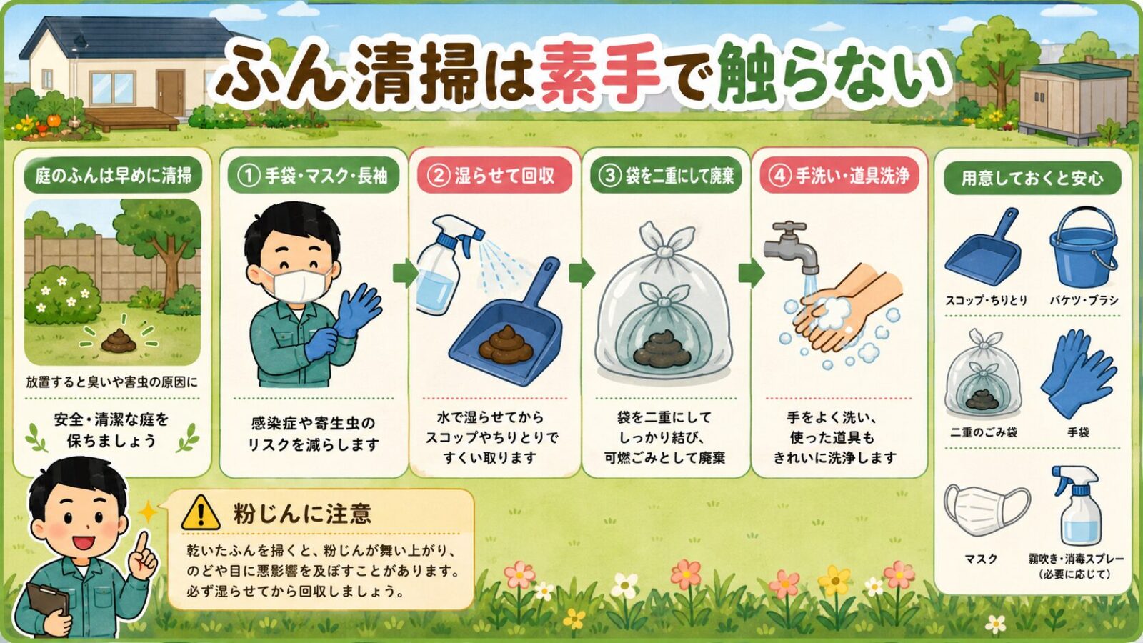 タヌキのふんやためフンを見つけたときの清掃手順を、手袋、マスク、湿らせて回収、二重袋、手洗いで整理した図解