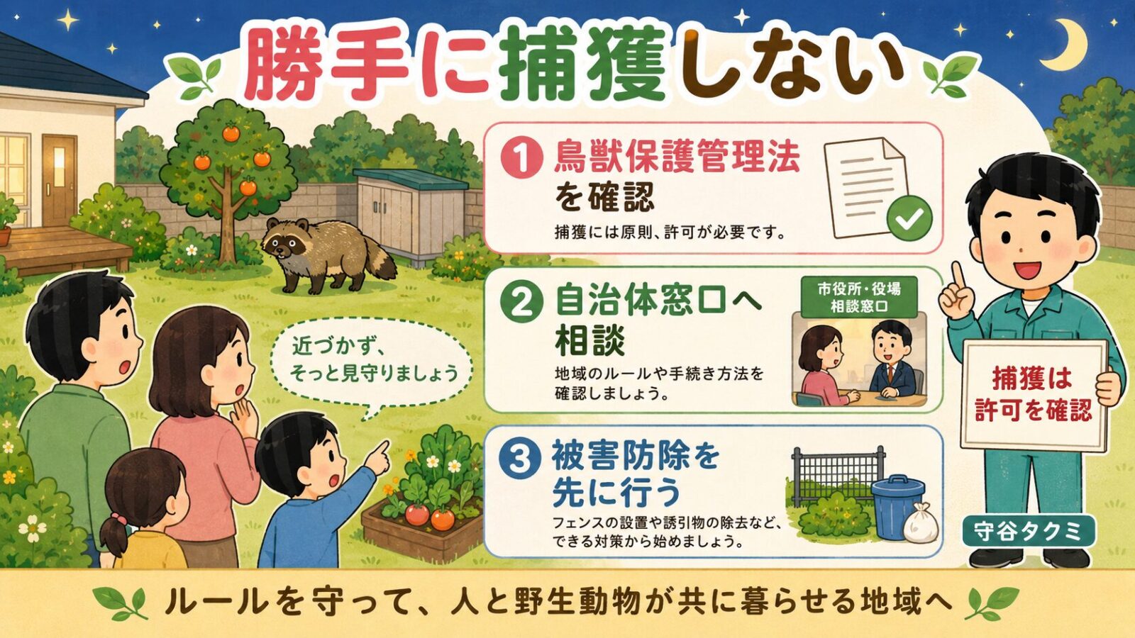 タヌキを勝手に捕獲しないために、鳥獣保護管理法、自治体相談、被害防除を先に行う流れを整理した図解