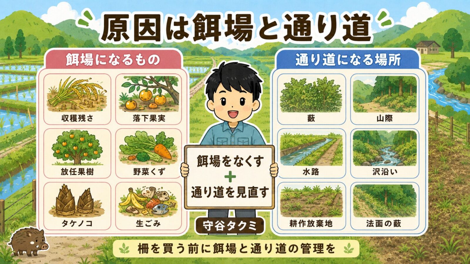 イノシシが農地に入る原因を、収穫残さや放任果樹などの餌場と、藪や山際、水路などの通り道に分けて整理した図解