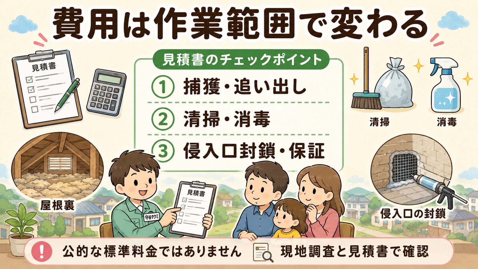 日野市で民間業者に依頼する場合の費用感は作業範囲で変わることを、見積書と清掃・消毒・封鎖の項目で整理した図解