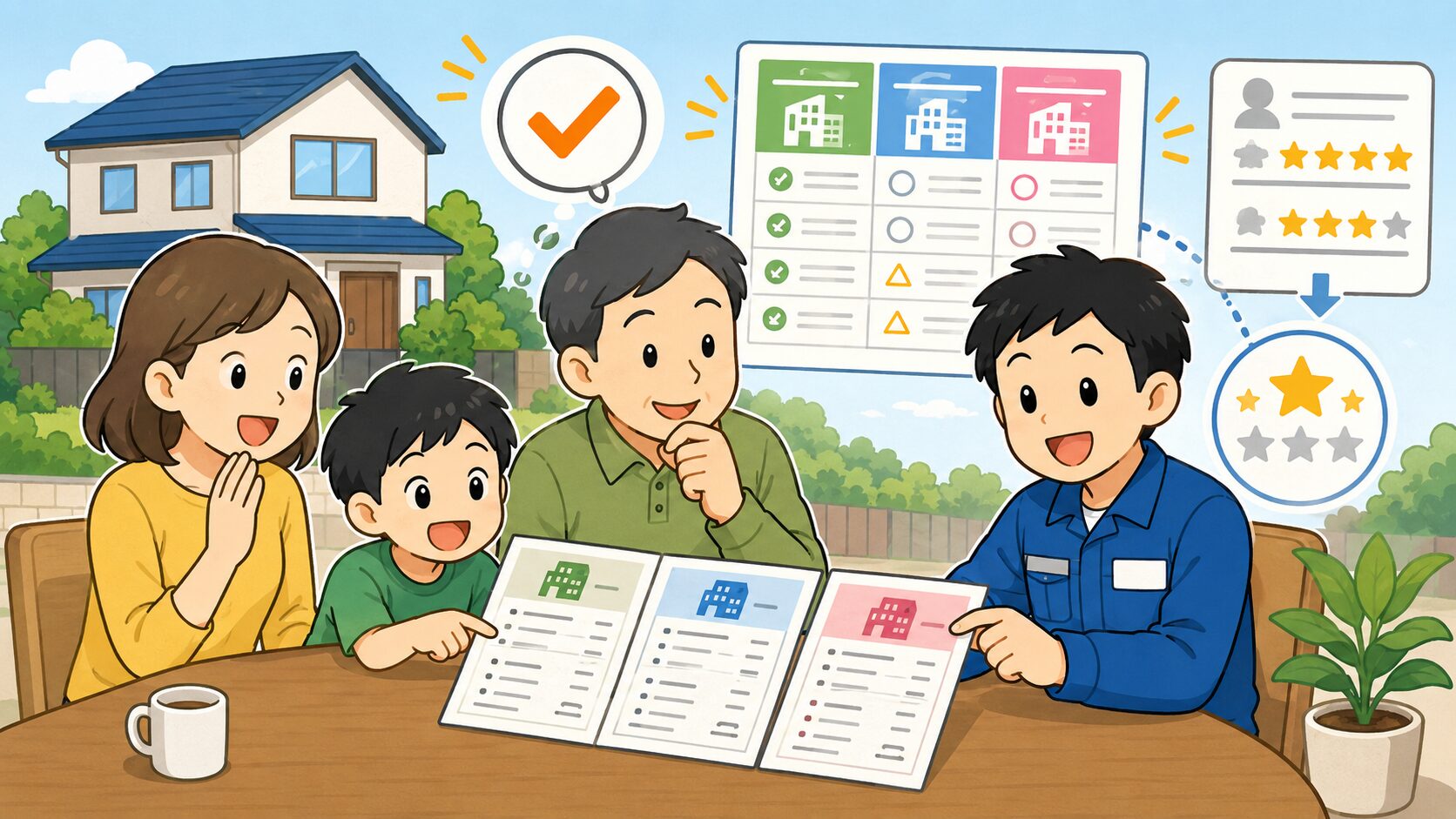 口コミランキングを参考にしつつ、最終的には見積もり比較と保証条件の確認で納得して業者を選ぶ流れを表現したまとめ用画像。