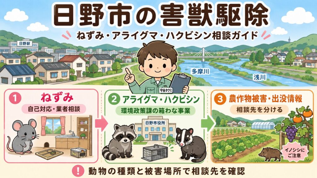 日野市の害獣駆除。ねずみ・アライグマ・ハクビシン相談と箱わな事業の違いを整理したアイキャッチ画像