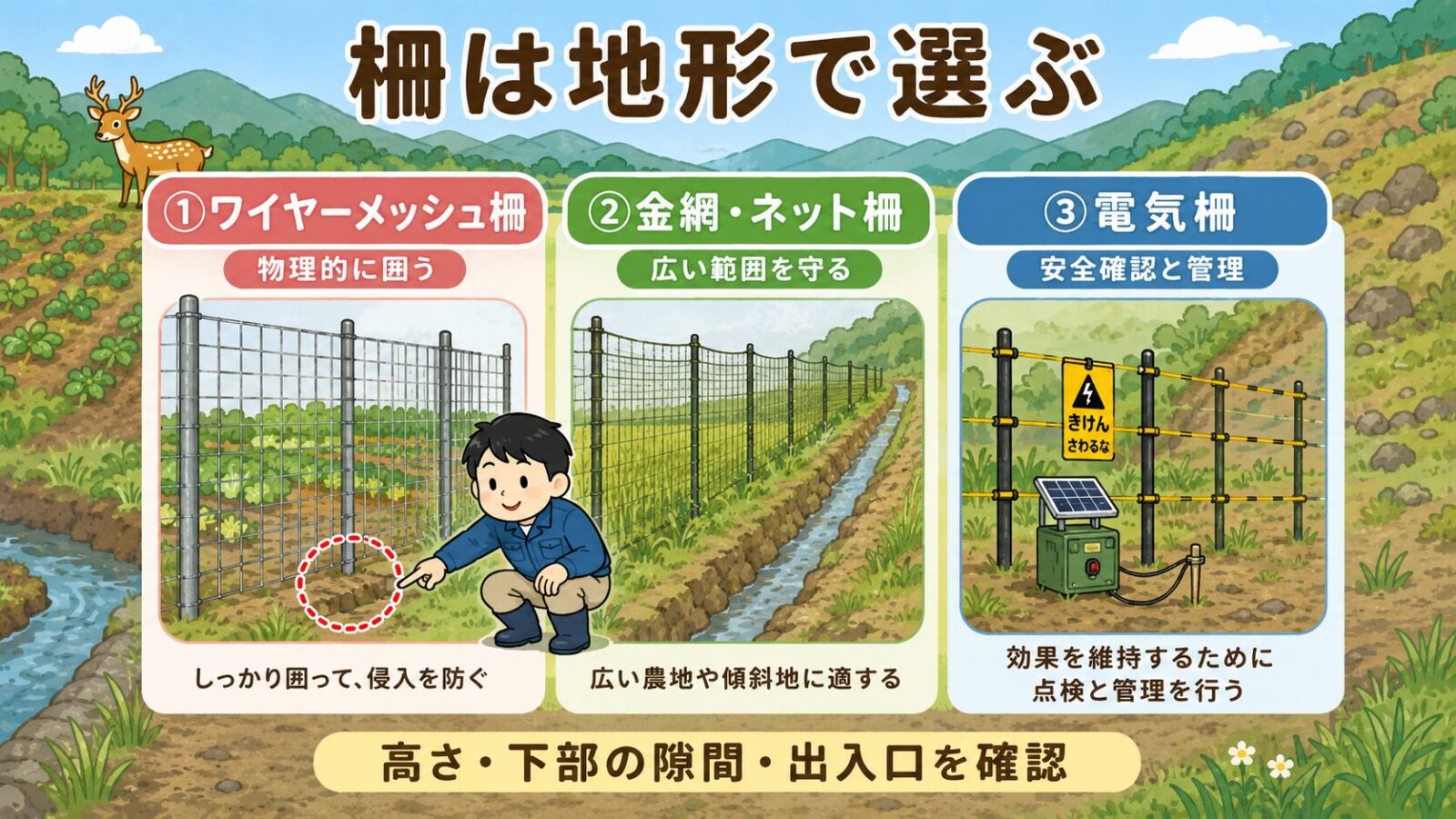 シカ対策の防護柵、ワイヤーメッシュ柵、金網やネット柵、電気柵の選び方と、柵の高さや下部の隙間確認を整理した図解