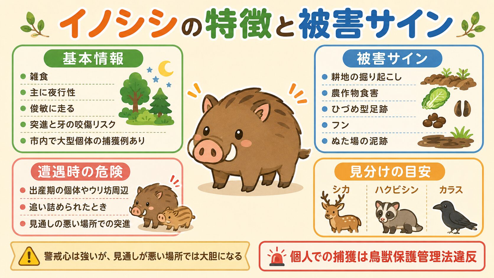 小田原市のイノシシの特徴と被害サインのインフォグラフィック。イノシシのイラスト(小田原市内で150kgの大型個体捕獲例あり)に、特徴(雑食・主に夜行性・俊敏に走る・突進と牙の咬傷リスク)、被害サイン(耕地の掘り起こし・農作物食害・住宅敷地内の足跡・フン・ぬた場の泥跡)、危険サイン(出産期の個体やウリ坊周辺に親が潜む)を分かりやすく整理。「警戒心は強いが、見通しが悪い場所では大胆になる」の注記入り。