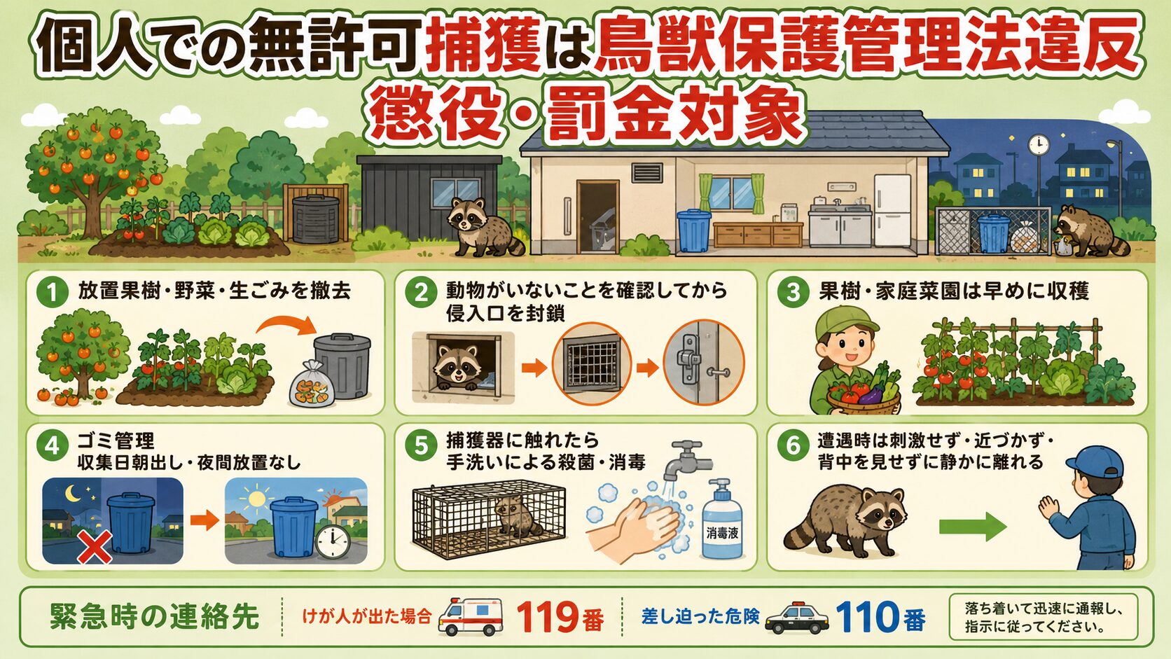 自分でできる害獣の予防・遭遇時対応。庭・畑・住宅断面図のイラストとアイコンで6要素を表現。①誘引源を断つ(放置果樹・野菜・生ごみの撤去)、②侵入口を塞ぐ(動物が残っていないことを確認後)、③ゴミ管理(収集日朝出し・夜間放置なし)、④果樹保護(ネット設置)、⑤捕獲器に触れたら手洗い消毒(市公式準拠)、⑥遭遇時は刺激せず・近づかず・背中を見せずに静かに離れる。「個人での無許可捕獲は鳥獣保護管理法違反」の注意も配置。