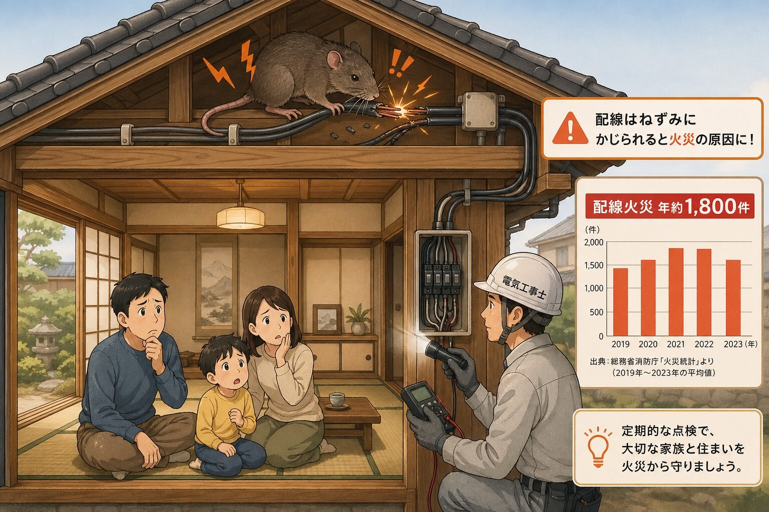 日本の住宅断面図でネズミが天井裏や壁内の電気配線を齧る経路を示し、消防統計と取材事例から配線被害が火災原因として実在することを解説するイラスト