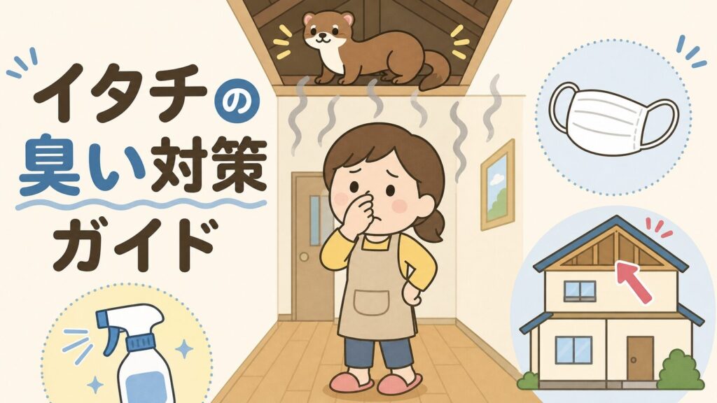 イタチの臭い対策ガイドのメインアイキャッチ。いらすとや風で困った主婦キャラが鼻をつまみ、屋根裏からの臭いウェーブと消臭剤・マスクのアイコンが配置された安心感のあるイラスト
