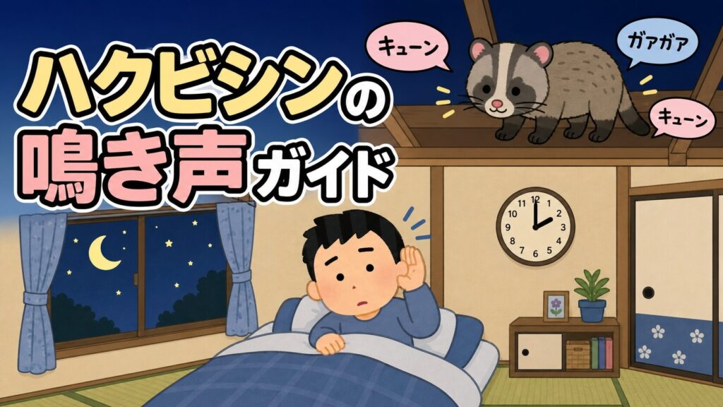 ハクビシンの鳴き声ガイドのメインアイキャッチ。いらすとや風で家族メンバーが夜のベッドで耳をすます場面と、屋根裏の友好的なハクビシンキャラ・キューン/ガアガアの吹き出しが配置された安心感のあるイラスト