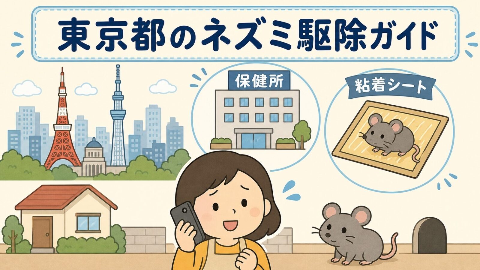 東京都のネズミ駆除ガイドのメインアイキャッチ。いらすとや風で住人キャラが電話相談する場面と、東京タワー・スカイツリーのシルエット・保健所・粘着シートのアイコンが配置された安心感のあるイラスト