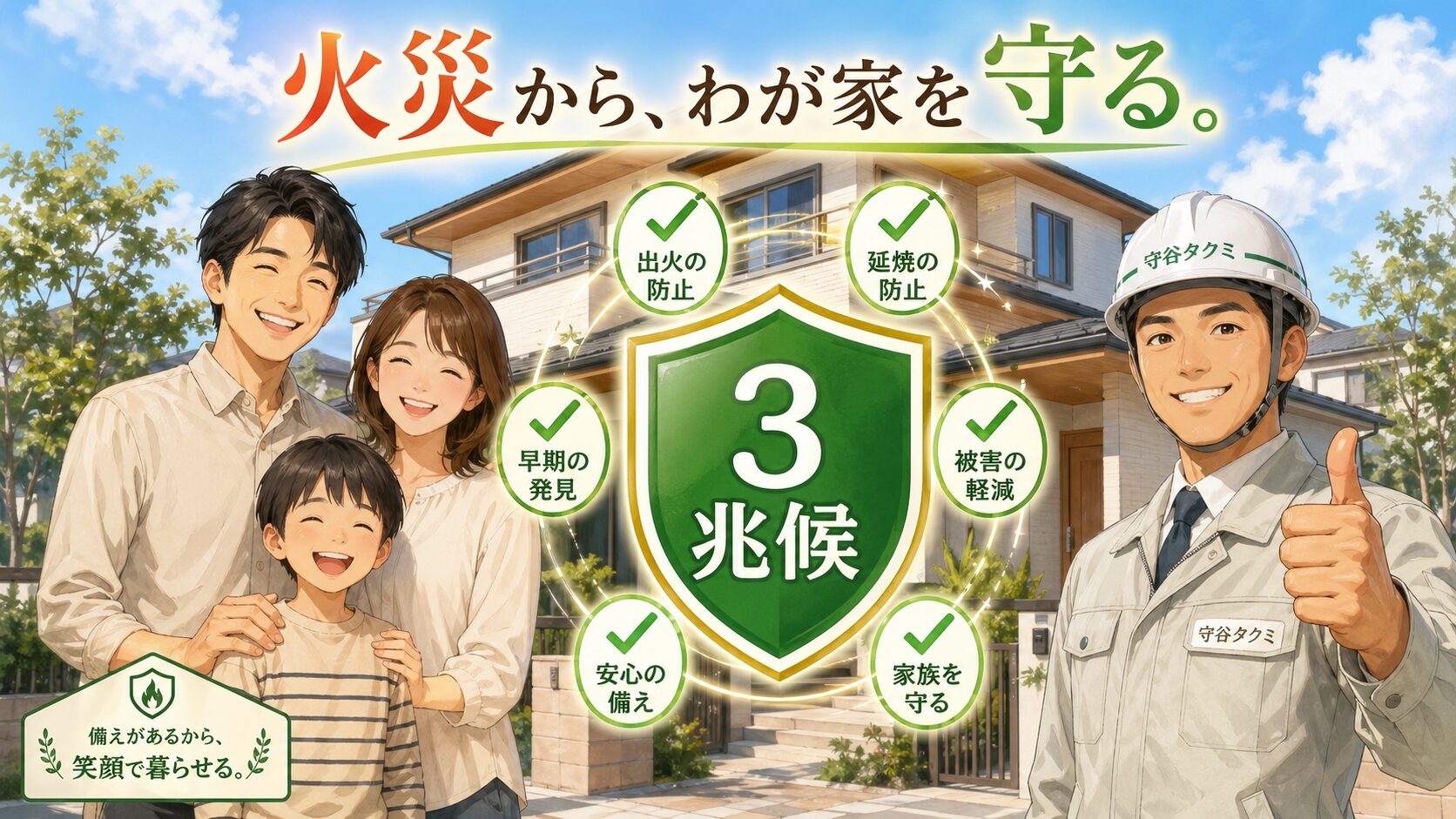 現代的で清潔な日本の住宅で家族3人が安心して過ごす様子を描き、配線被害から家族と財産を守るには3兆候を見逃さない早期対応が重要だと伝えるまとめイラスト