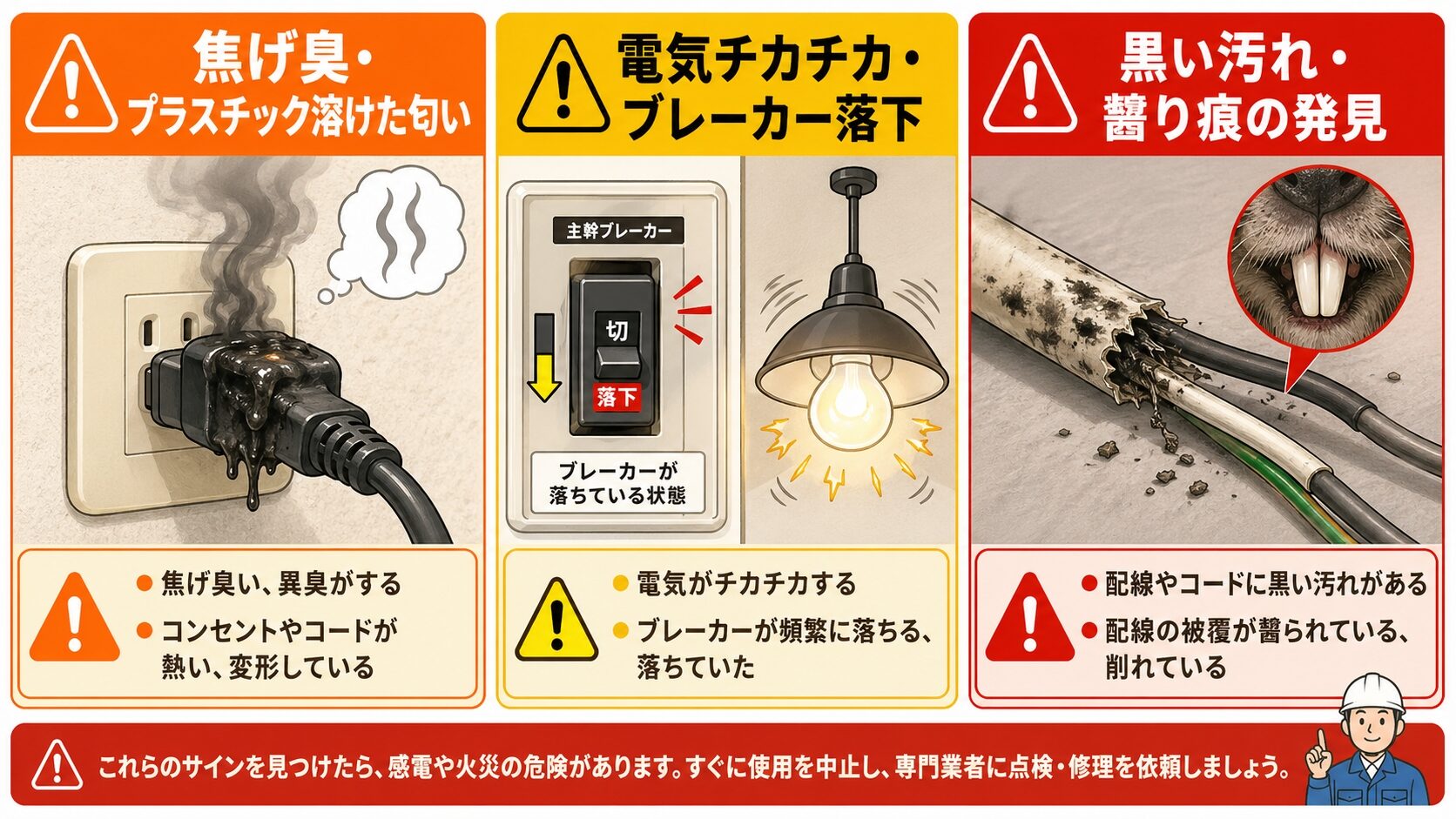 焦げ臭・電気のチカチカやブレーカー作動・天井裏の齧り痕という配線火災を予兆する3兆候を3パネル並列で比較表示する警告イラスト