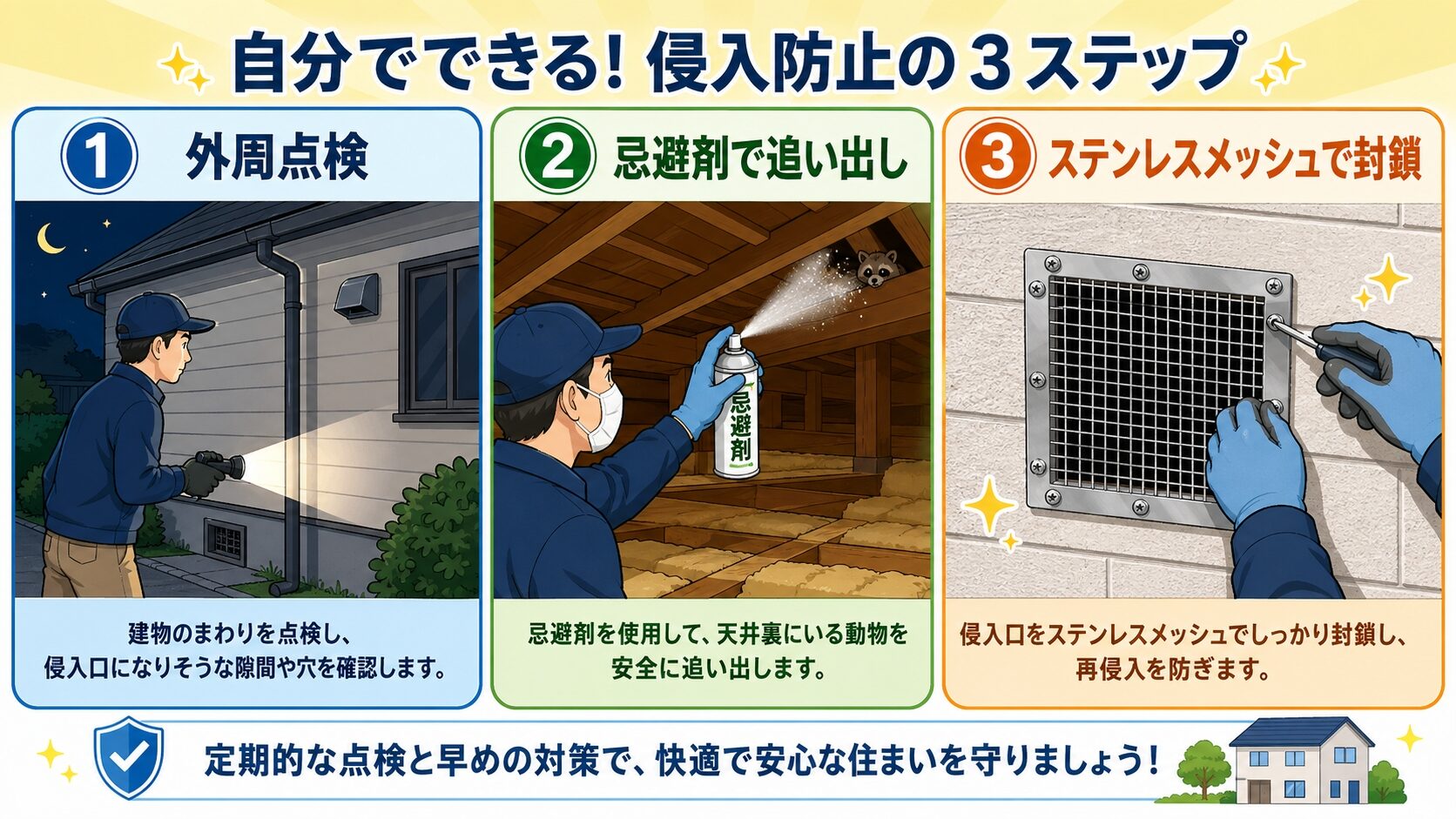 外周点検で侵入口特定・忌避剤で追い出し・ステンレスメッシュと金属パテで封鎖という自分でできるネズミ予防対策3ステップのガイドイラスト