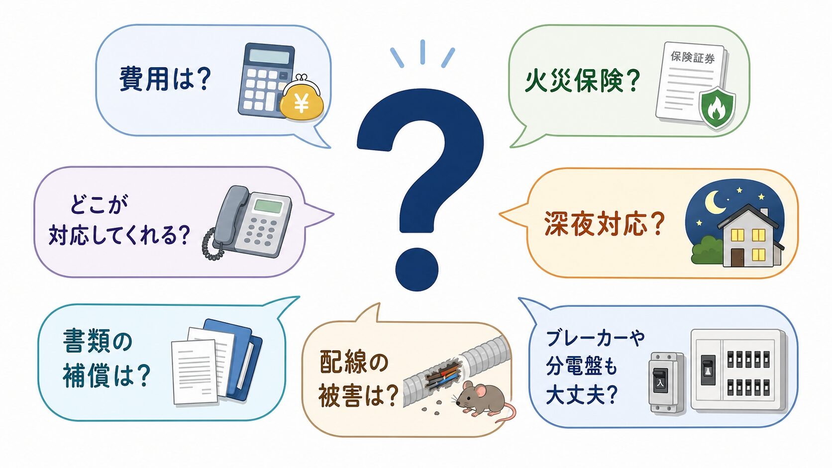 ネズミ配線被害でよくある質問のFAQセクションを示す大きな疑問符と、火災確率・火災保険・業者選び・修繕費用などのテーマを表現する解説イラスト