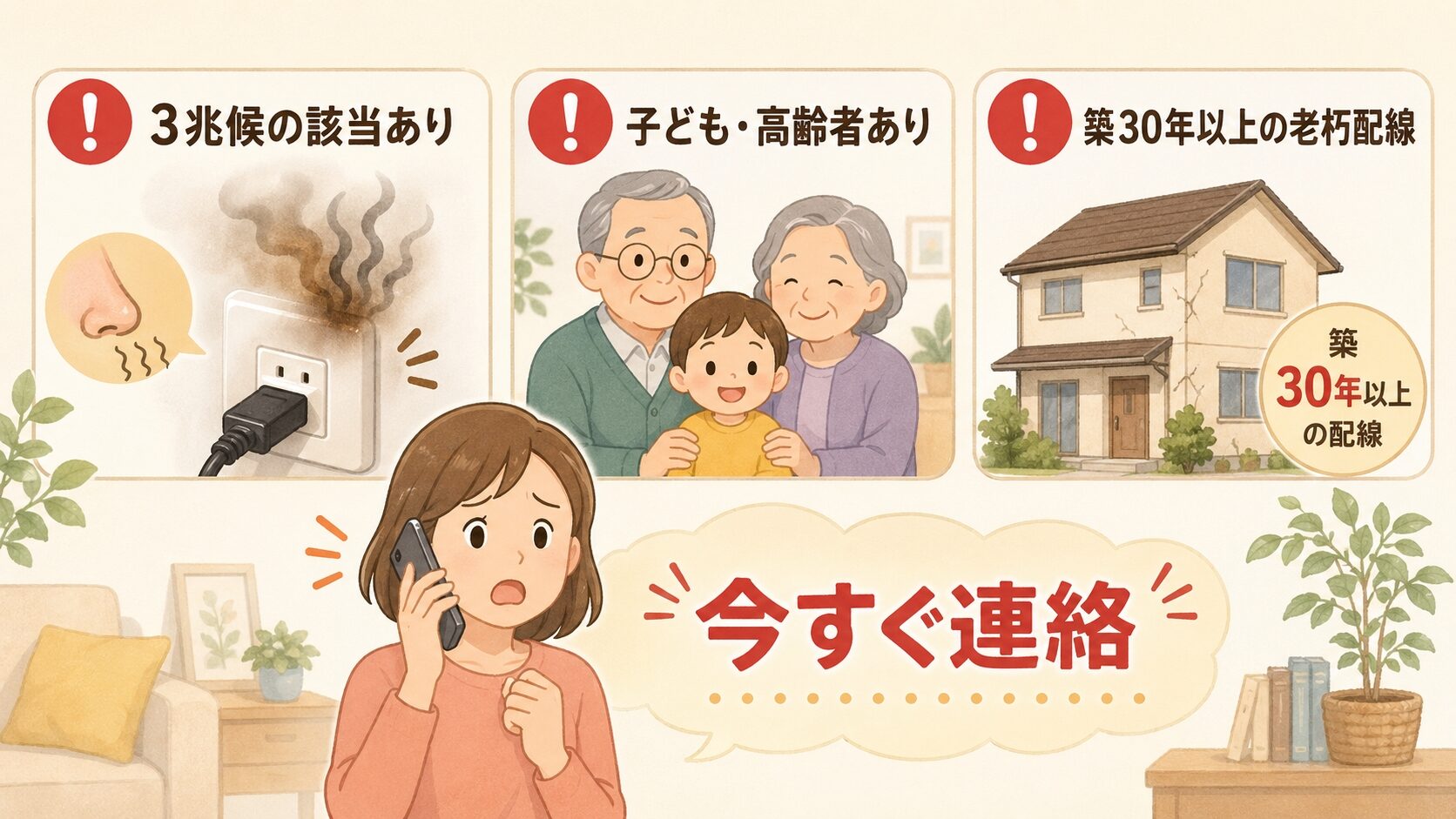 3兆候該当・築30年以上の老朽化住宅・子どもや高齢者の同居という今すぐ業者依頼すべき家庭の3条件を横並びのアイコンで示すイラスト