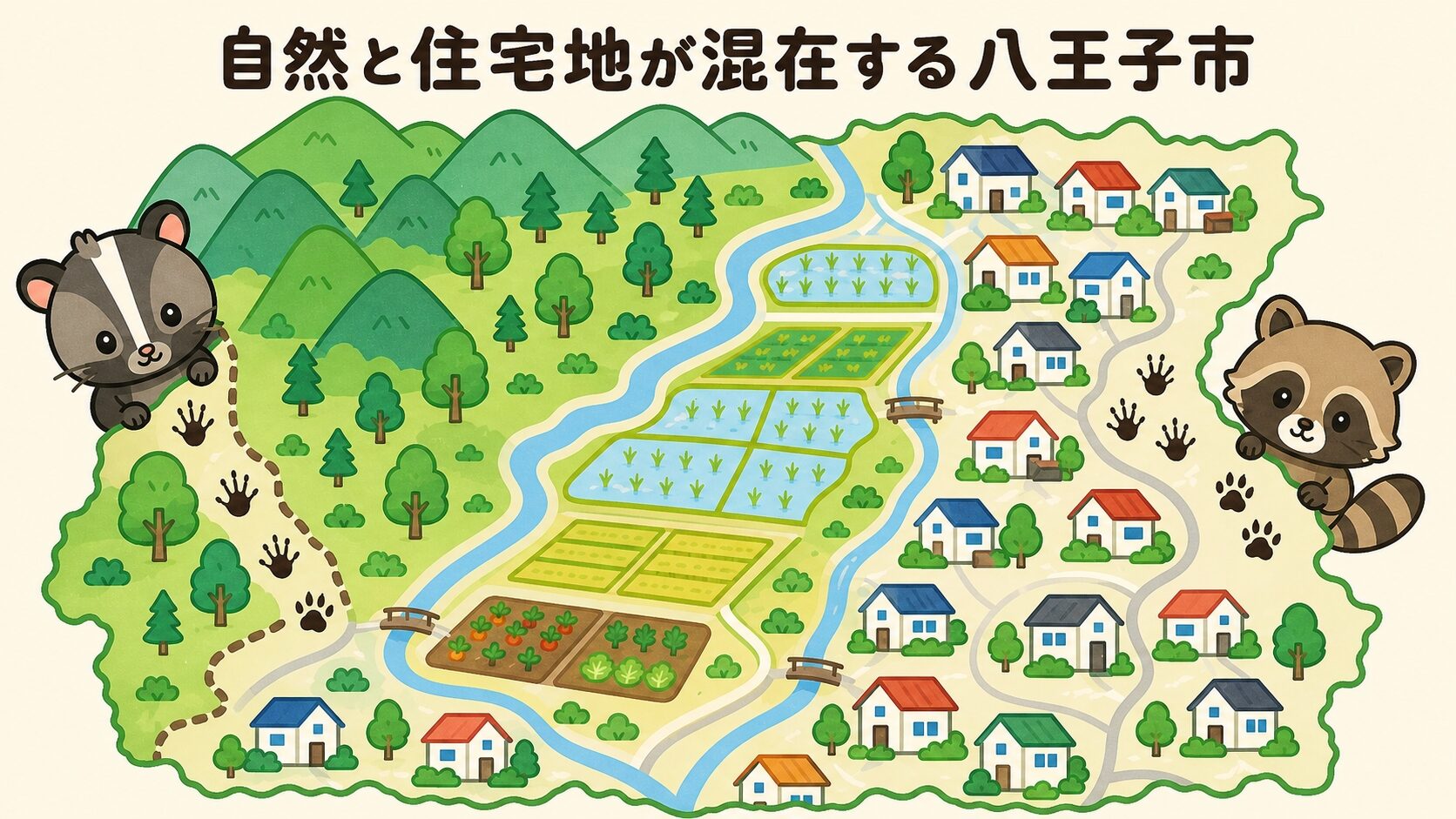 八王子市の自然環境と住宅地の混在を表現したインフォグラフィック。市の地図に住宅街と緑地・農地・山林がモザイクのように配置され、屋根裏に困った顔のハクビシンキャラクターと畑の野菜を持つアライグマキャラクターが描かれた、いらすとや風のフラット2Dイラスト。