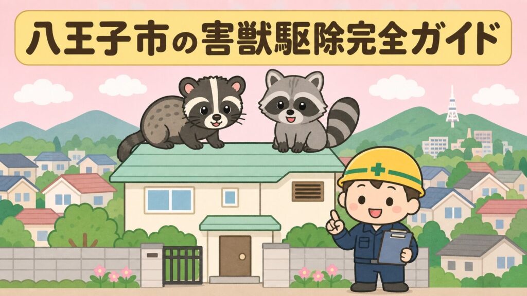 八王子市の害獣駆除完全ガイドのメインアイキャッチ。中核市・自然と住宅地が混在する八王子市の風景を背景に、屋根裏から困った顔で覗くハクビシンとアライグマ、紺色つなぎ・黄色ヘルメットの守谷タクミ風キャラクターが立ついらすとや風フラット2Dイラスト。