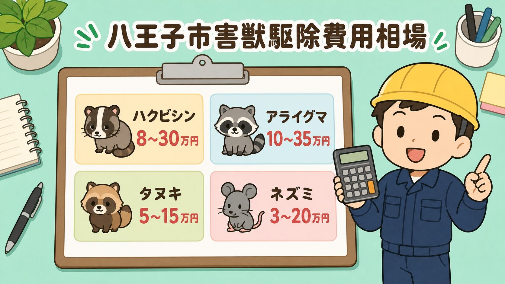 八王子市の害獣駆除費用相場をクリップボードと電卓で示したインフォグラフィック。ハクビシン8〜30万円、アライグマ10〜35万円のカード形式で表示され、屋根裏点検中の害獣キャラクターと作業員が並ぶいらすとや風デザイン。