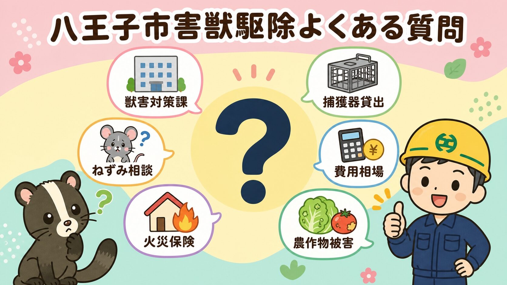 八王子市の害獣駆除でよくある質問6つを中央の大きなクエスチョンマークの周りにいらすとや風の吹き出しで配置したFAQインフォグラフィック。獣害対策課・捕獲器貸出・費用・火災保険・農作物被害などのトピックがカラフルに並ぶ。