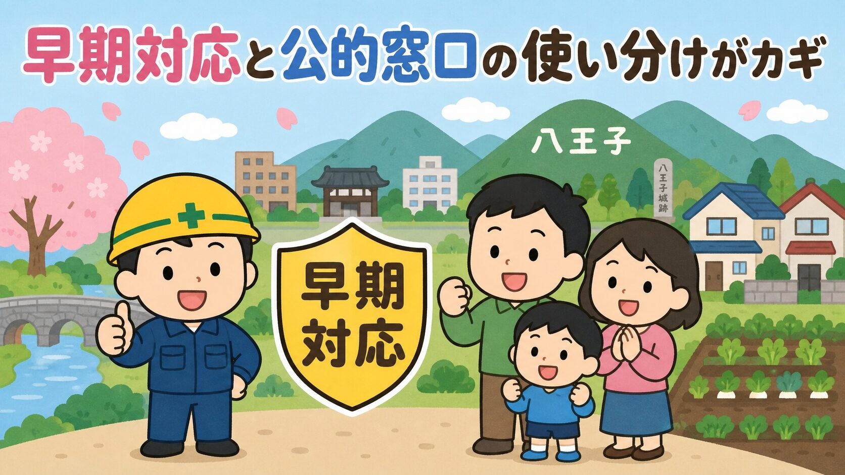 早期対応と公的窓口の使い分けがカギ。守谷タクミ風の作業着男性が親指を立て、家族(夫婦と子ども)が安心した笑顔で並ぶ。中央に「早期対応」のシールド、背景に八王子市の自然と住宅地を配置したいらすとや風のまとめイラスト。