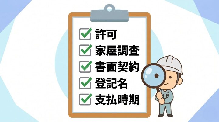 練馬区での失敗しない業者選び5つのチェックポイント(許可・家屋調査・書面契約・登記名・支払時期)をクリップボード形式で表現。緑のチェックマーク付きで虫眼鏡を持つ作業着男性キャラクターと併記。