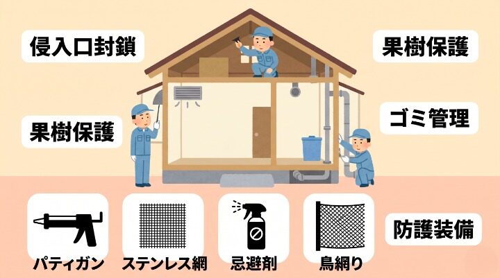自分でできるハクビシンの予防・応急対策のインフォグラフィック。住宅断面図で侵入口封鎖・果樹保護・ゴミ管理を行う作業着キャラクターと、パテガン・ステンレス網・忌避剤・防鳥ネット・防護装備の5アイコンを配置。