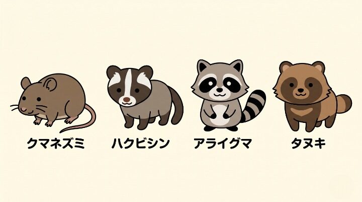 杉並区で混同しやすい害獣4種類（クマネズミ・ハクビシン・アライグマ・タヌキ）を横並びで描いたイラスト。額の白線・目周りの黒い縞・しっぽの特徴などをかわいいいらすとや風タッチで紹介する見分け方インフォグラフィック。