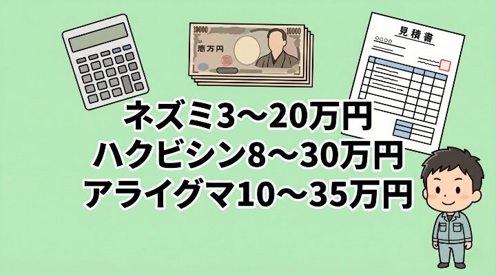 杉並区の害獣駆除費用相場を表示した図解。ネズミ3〜20万円・ハクビシン8〜30万円・アライグマ10〜35万円の3種類を電卓・1万円札・お見積書アイコンとともに視覚化。作業着男性キャラクターが右下に配置されたパステルグリーン背景。