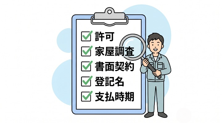 杉並区での失敗しない業者選び5つのチェックポイント（許可・家屋調査・書面契約・登記名・支払時期）をクリップボード形式で表現。緑のチェックマーク付きで虫眼鏡を持つ作業着男性キャラクターと併記。