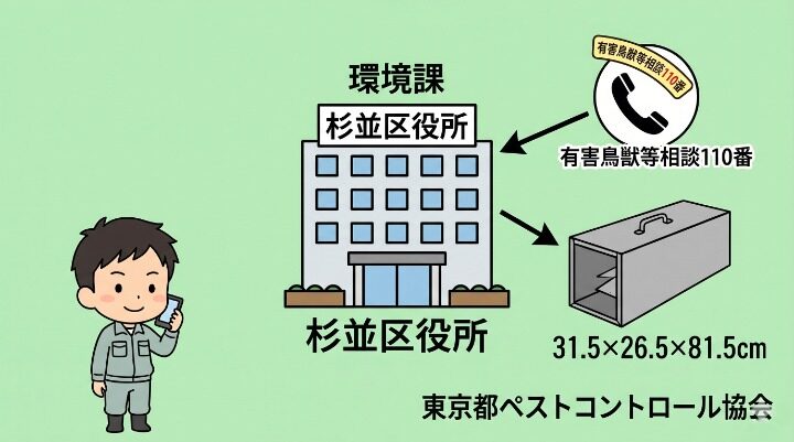 杉並区の行政相談窓口と箱わな貸出制度の図解。杉並区役所を中央に配置し、環境課「有害鳥獣等相談110番」と箱わな（31.5×26.5×81.5cm）、東京都ペストコントロール協会を矢印で示す構成。電話を持つ作業着男性キャラクター付き。